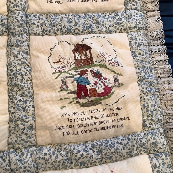 Handmade Childrens Blanket Quilt With Cross Stitch Nursery Rhymes Kitschy 45”x32 - Picture 5 of 14